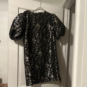 Black and Gold Floral Puff-Sleeve Dress